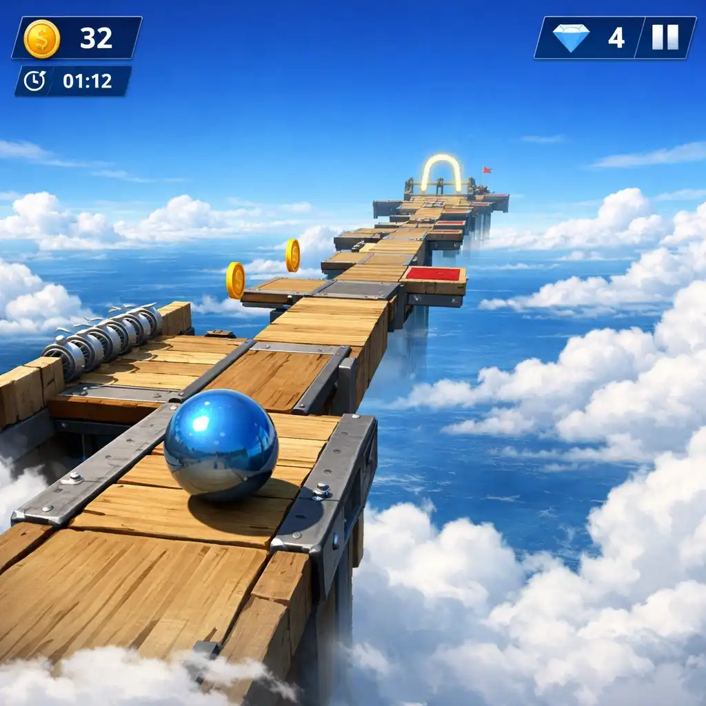 Sky Ball: Rolling Adventure golyó egy keskeny, felhők fölött lebegő pályán
