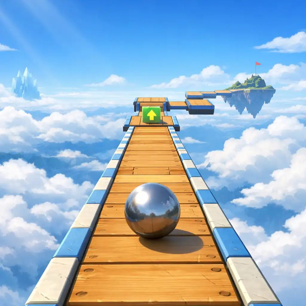 Golyó keskeny, felhők fölött lebegő pályán a Sky Ball: Rolling Adventure játékban