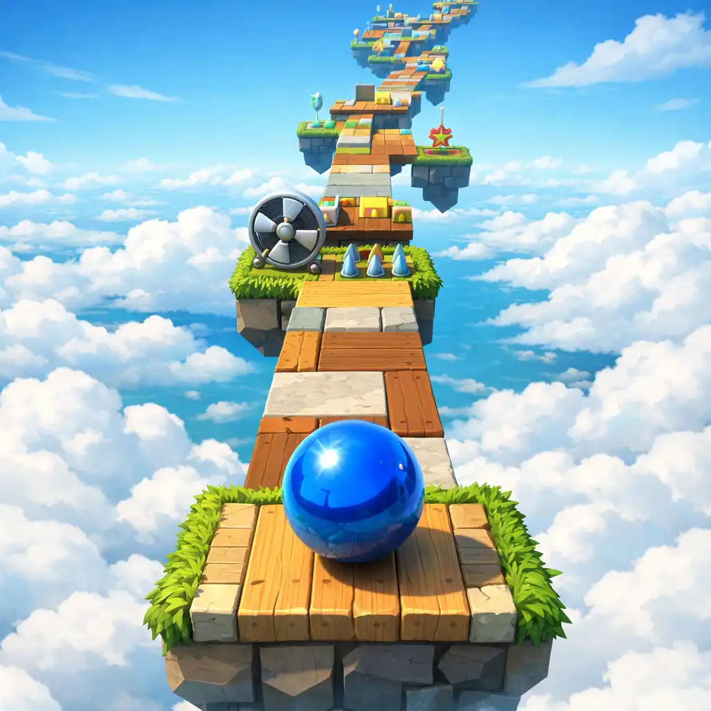 Sky Ball: Rolling Adventure keskeny, felhők felett lebegő pályaszakasza guruló golyóval