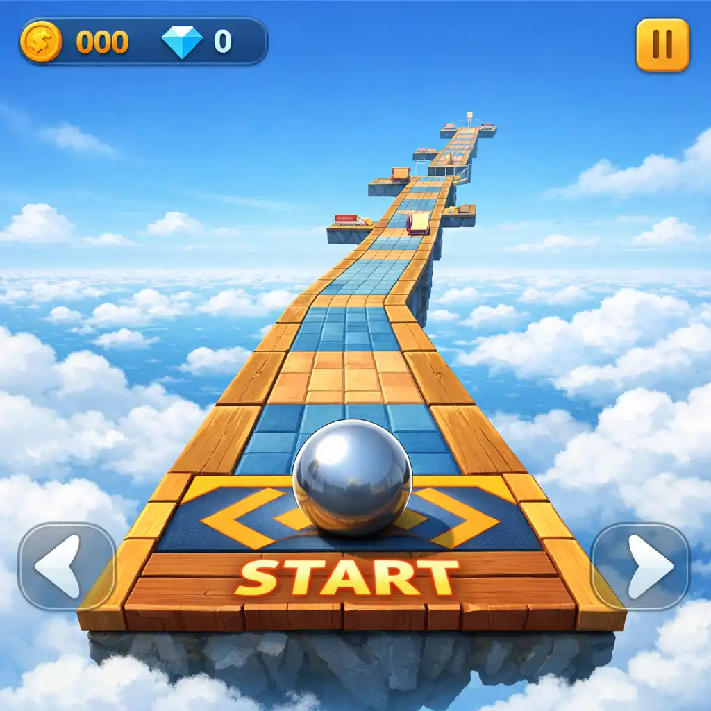 Golyó egy keskeny, felhők felett lebegő pálya kezdetén a Sky Ball: Rolling Adventure játékban