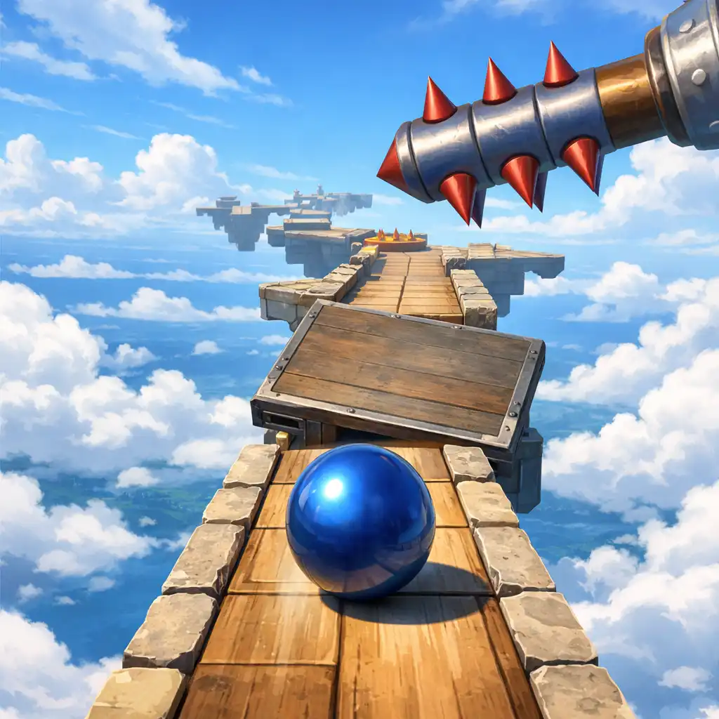 Sky Ball: Rolling Adventure játékképernyő keskeny, felhők felett lebegő pályával
