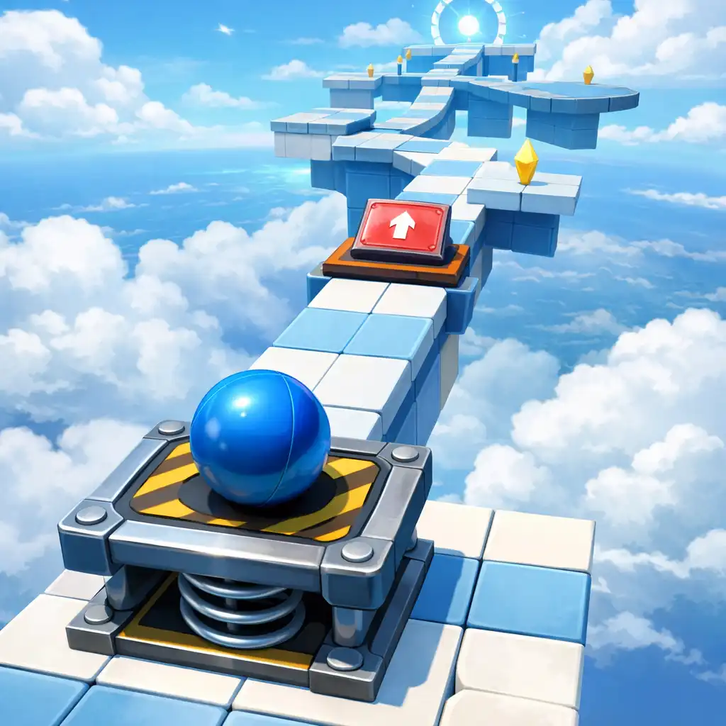 Sky Ball: Rolling Adventure dinamikus pályaszakasza kilövőplatformmal és felhők feletti úttal