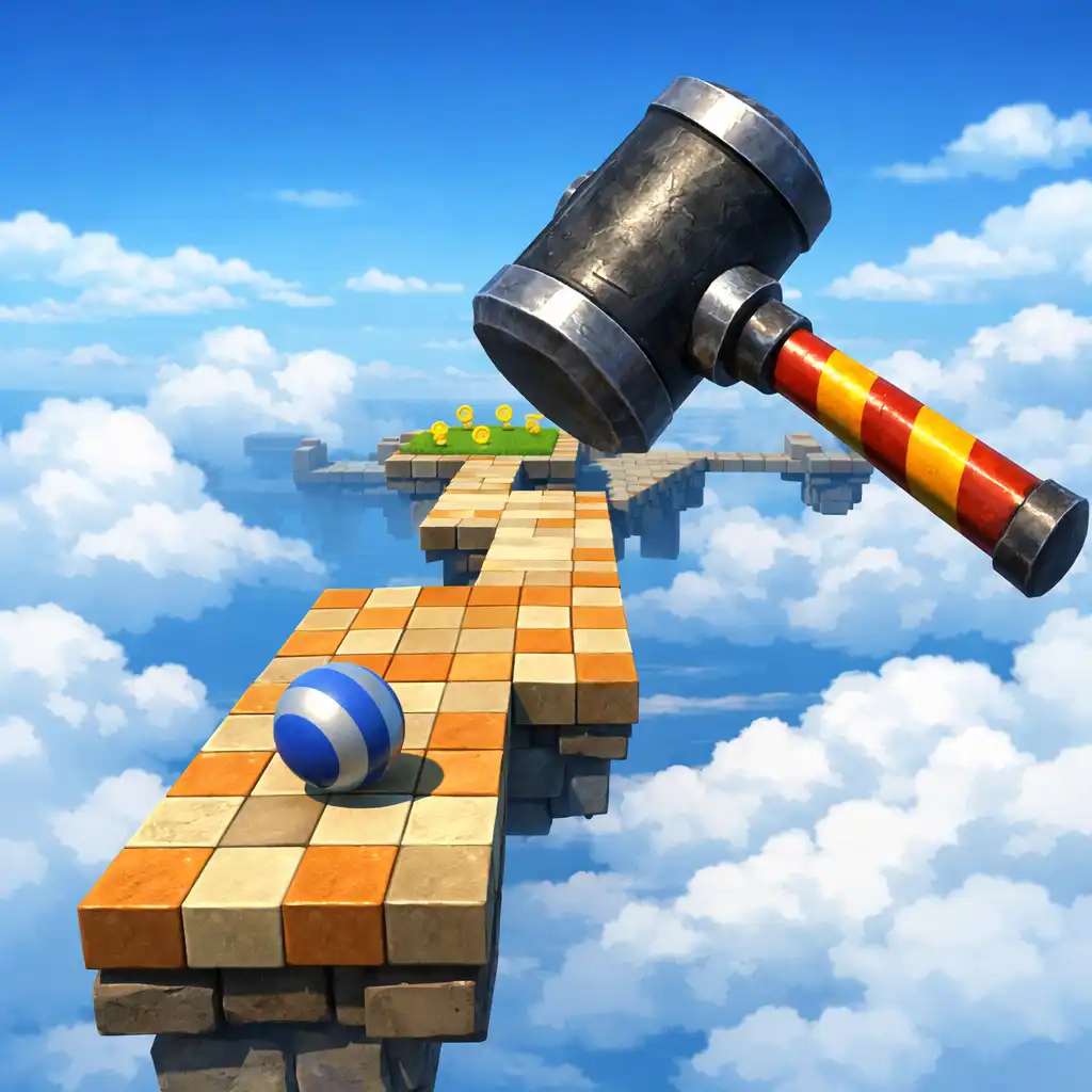 Sky Ball: Rolling Adventure jelenet mozgó óriási kalapáccsal egy felhők fölötti pálya mellett
