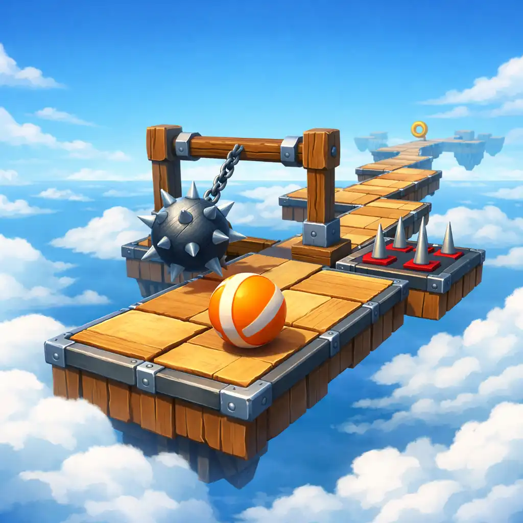 Sky Ball: Rolling Adventure játékkép keskeny, felhők fölött futó akadálypályával